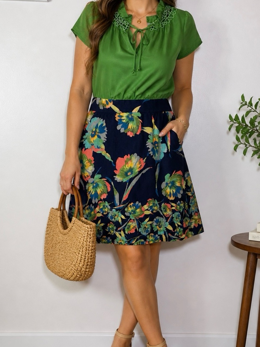 Tabitha Navy Floral A-Line Skirt with Green, Yellow & Coral Blooms